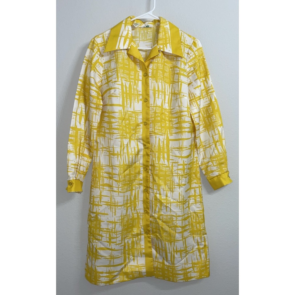 Vintage Alex Coleman 70s Dress Yellow Geometric Print Mod Shirt Dress Size 8